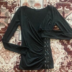PattyBoutik grey Lace-Up Ruched stylish deep V athletic top